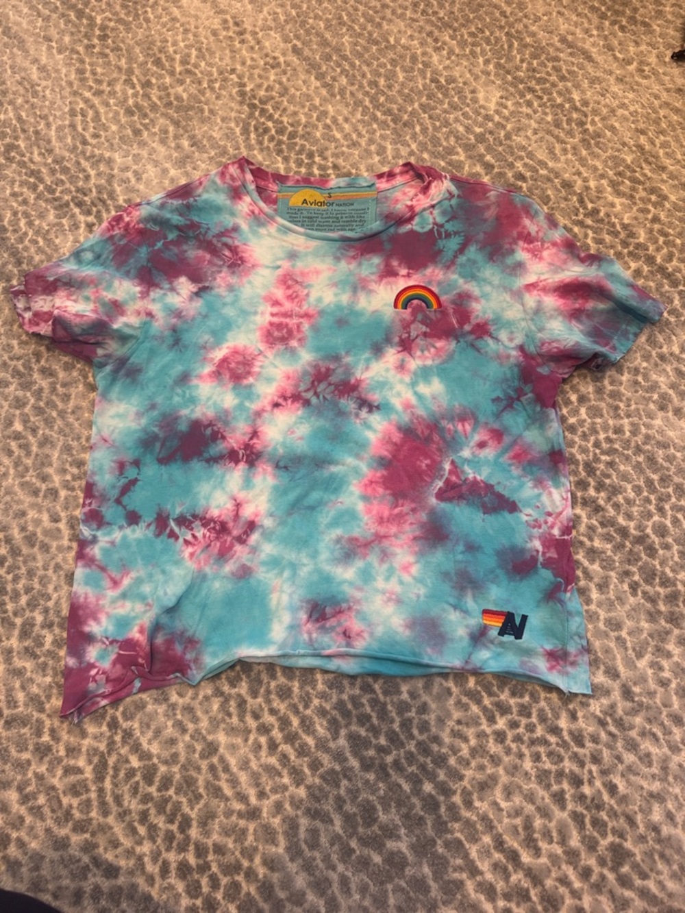 Aviator Nation women’s  Tie-Dye Tee in Pink & Turquoise with Rainbow Patch